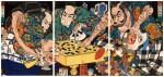 Utagawa Kuniyoshi (1797-1861) |  Sakata no Kintoki, Usui Sadamitsu and Genji Tsuna subdue monsters while playing go (Shumenosuke Sakata no Kintoki, Takiguchi no toneri Genji Tsuna, Dakoe no jo Usui Sadamitsu) | Edo period, 19th century