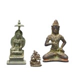 Two bronze figures of Bodhisattvas, Java, circa 10th century, and a small figure of a Bodhisattva, Pala, Eastern India, 12th century 約十世紀 爪哇 銅菩薩坐像兩尊 及 十二世紀 東印度帕拉 袖珍銅菩薩坐像一尊