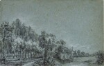 SIMON JACOBSZ. DE VLIEGER  |  WOODED RIVER BANK, WITH A CHURCH IN THE DISTANCE