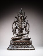 A large silver and copper inlaid bronze figure of Amitabha Buddha, Tibet, 14th century | 西藏 十四世紀 銅錯紅銅嵌銀阿彌陀佛坐像