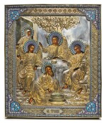 A silver-gilt and cloisonné enamel icon of the Trinity, Antip Kuzmichev, Moscow, 1890