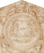 Design for the upper section of an altarpiece with the Holy Trinity flanked by Angels surmounted by the Theological virtues in a pediment