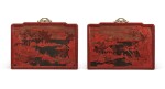 An exceptional pair of carved three-color lacquer 'landscape' panels, Qing dynasty, Qianlong period | 清乾隆 剔彩山水高士圖掛屏一對