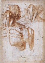 Two double-sided sheets of écorché anatomy studies: A) Recto: Study of a man's head and neck and a separate study of his neck Verso: Profile study of a man's head, neck and upper body B) Recto: Studies of legs Verso: Studies of feet