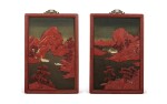A pair of large embellished carved wood polychrome lacquer panels, Qing dynasty, 18th / 19th century | 清十八 / 十九世紀 木雕罩漆鑲玉石山水人物圖大掛屏一對