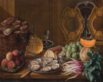 Still life with oysters, figs, peaches, radishes, and a melon with wine and gold and silver dishes on a wooden table