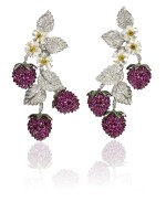Pair of gem set and diamond pendent ear clips, 'Fragoline', Michele della Valle