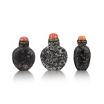 Two well-hollowed amygdaloidal basalt snuff bottles and a limestone snuff bottle Qing dynasty, 19th century | 清十九世紀 玄武岩鼻煙壺及石灰岩鼻烟壺一組三件