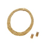 Gold Necklace and Pair of Gold and Diamond Earclips
