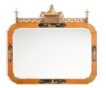 An English gilt and black japanned satinwood overmantel mirror, circa 1920-30, attributed to S. Hille & Co