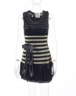 Black and off-white striped vinyl dress and ribbon bow brooch