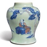 An underglaze-blue, copper-red, and celadon-glazed jar, Qing dynasty, Kangxi period | 清康熙 豆青地青花釉裏紅松下高士圖罐