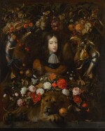 STUDIO OF JAN DAVIDSZ. DE HEEM | Portrait of William III (1650–1702), Prince of Orange, Count of Nassau, within a garland of flowers and fruit, with a lion holding an orange in its paws