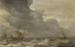 BONAVENTURA PEETERS THE ELDER | Shipping vessels in stormy waters, the coast beyond