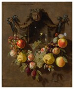 Sold Without Reserve | PIETER VAN DEN BOSCH THE YOUNGER | A TROMPE L'OEIL STILL LIFE WITH A SWAG OF GRAPES, PEARS, PEACHES, APPLES, PLUMS, AND BUTTERFLIES DECORATING A NICHE WITH A GLASS ROEMER