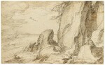 A rugged coastal landscape with two figures     