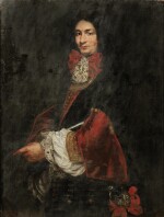 LOMBARD SCHOOL, CIRCA 1680 | PORTRAIT OF AN OFFICER, HALF-LENGTH, IN A BLACK COSTUME WITH WHITE CHEMISE AND RED RUFFLE