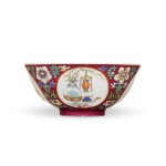 A fine ruby-ground famille-rose sgraffiato 'medallion' bowl, Seal mark and period of Daoguang | 清道光 粉彩胭脂紅地錦上添花開光博古圖盌 《大清道光年製》款