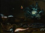 ATTRIBUTED TO OTTO MARSEUS VAN SCHRIECK | Kitchen still life with fish, a lobster, and a cauliflower all on a table top, with a butterfly and a dragonfly