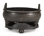 A BRONZE ARCHAISTIC TRIPOD CENSER AND A MATCHED STAND | YUAN DYNASTY | 元 銅繩耳獸足爐配底座