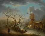 ANDRIES VERMEULEN | Winter landscape with figures skating on a river before a wooden bridge and a windmill