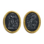 A PAIR OF WEDGWOOD STYLE BLACK BASALT OVAL PLAQUES OF 'NIGHT' AND 'DAY' 20TH CENTURY