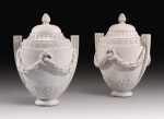 A PAIR OF LOUIS XV "GOÛT GREC" CARVED WHITE MARBLE VASES CIRCA 1760, IN THE MANNER OF JOSEPH-MARIE VIEN