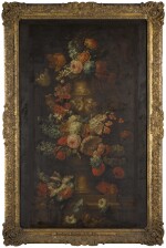 JAN BAPTIST BOSSCHAERT | Still life of flowers including tulips, roses, and turban rannunuculous, in a stone urn decorated with putti, all on a stone ledge