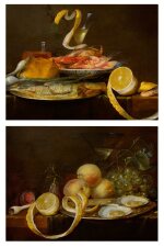 Tabletop still life, including a herring on a pewter dish, a porcelain bowl of shrimp, a wine glass, and a partially-peeled lemon; Tabletop still life, including two oysters on a pewter dish, a wine glass, a partially-peeled lemon, and an assortment of fruit