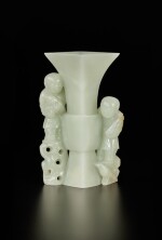 A pale celadon jade 'boys' vase, Qing dynasty, Qianlong period | 清乾隆 青白玉童子紋方觚