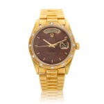 Reference 18038 Day-Date, A yellow gold diamond-set automatic wristwatch with day, date, wood dial and bracelet, Circa 1980