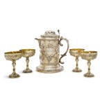 The Molyneux Cup, Liverpool Races, July 1861. A large Victorian silver-gilt ewer and four silver-gilt cups, the ewer Charles Thomas Fox & George Fox, London, 1859; the cups George Fox, London, 1861