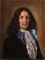Portrait of a gentleman wearing a dark jacket and lace jabot with a blue ribbon