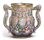 A large and impressive silver-gilt and cloisonné enamel three-handled cup, Feodor Rückert, Moscow, 1899-1908