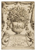 A title page decorated with a vase of flowers, lions and putti