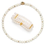 Cultured pearl, emerald and diamond necklace and a cultured pearl and diamond bracelet