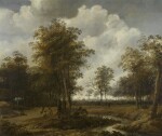 JAN LAGOOR | A wooded river landscape with figures resting at the side of a path