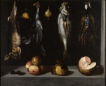 Still life with birds, fish, a rabbit and fruits in a niche