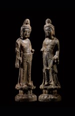 An important and magnificent pair of grey limestone figures of Bodhisattvas, Mahasthamaprapta and Avalokiteshvara,  Early Tang dynasty, era of Empress Wu Zetian | 唐初高宗至武周時期 石灰岩雕大勢至與觀世音菩薩立像一對