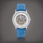 A platinum, diamond and sapphire-set skeletonised wristwatch, Circa 1980 | 愛彼 | 鉑金鑲鑽石及藍寶石鏤空腕錶，約1980年製