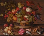 Still Life of Fruit in a Basket with Flowers and Shells Resting on a Table
