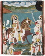 MAHARAJA BHIM SINGH RIDING A HORSE IN A PROCESSION, NORTH INDIA, RAJASTHAN, UDAIPUR, MID-18TH CENTURY