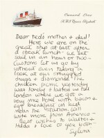 Sylvia Plath | Autograph letter signed, to Edith and William Hughes, sailing to America, [20 June 1957]