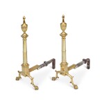 A Pair of Chippendale Cast-Brass and Wrought-Iron Andirons, Philadelphia, Pennsylvania, circa 1790