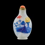 A three-colour overlay glass 'precious objects' snuff bottle Qing dynasty, Qianlong period | 清乾隆 涅白地套三色料清供博古圖鼻煙壺