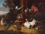 STUDIO OF MELCHIOR DE HONDECOETER | Poultry and a lapwing in a garden landscape, with a pigeon in flight and two birds of prey in the distance