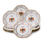A SET OF ELEVEN CHINESE EXPORT PORCELAIN FAMILLE-ROSE ARMORIAL OCTAGONAL PLATES, QING DYNASTY, QIANLONG PERIOD, CIRCA 1773 | 清乾隆 約1773年 粉彩紋章圖六方盤十一件