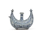 A rare blue and white crescent-shaped flask, Ming dynasty, 15th/16th century | 明十五 /十六世紀 青花纏枝花卉紋酒壺