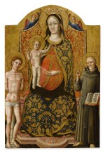 MASTER OF STAFFOLO | MADONNA AND CHILD ENTHRONED WITH SAINT SEBASTIAN, SAINT BERNARDINO OF SIENA AND TWO ANGELS