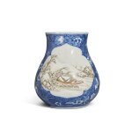 A grisaille-decorated blue and white 'landscape' vase, Republic period | 民國 青花墨彩開光詩文寒江獨釣圖瓶